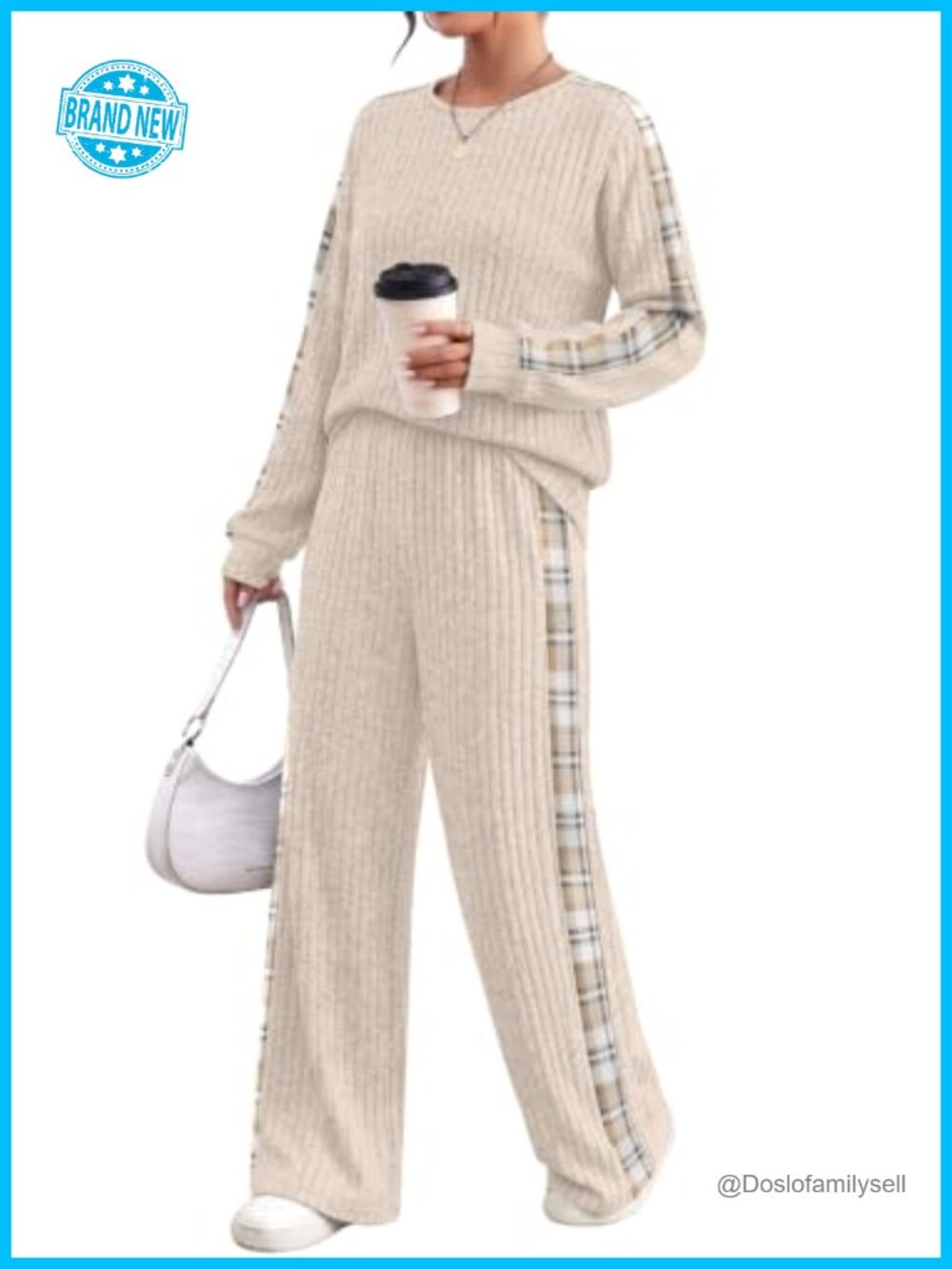 Women's 2 Piece Lounge Set Long Sleeve Ribbed Knit Wide Leg Pants
